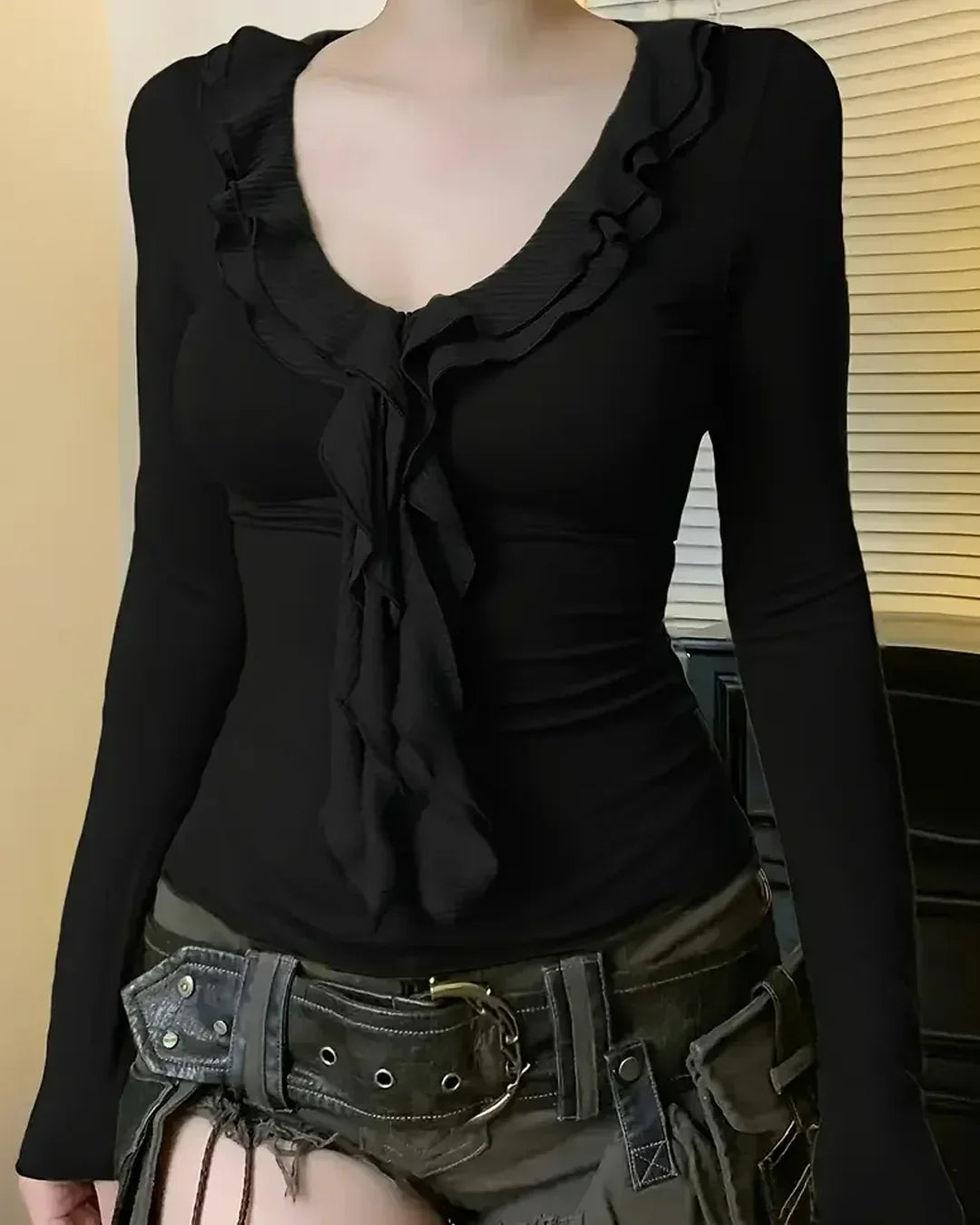 Black Ruffle Tie-Up Full Sleeve Top