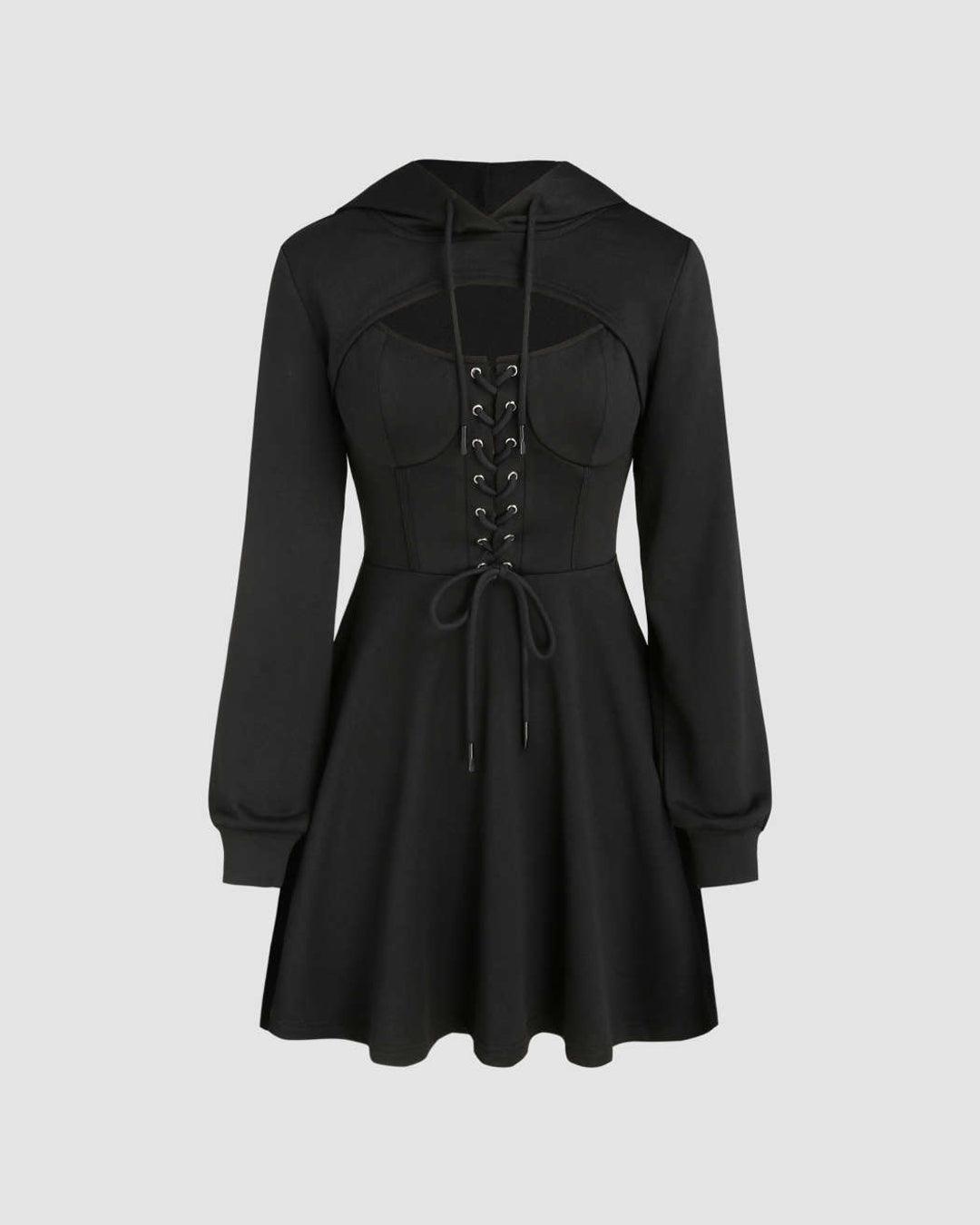 Black Two Piece Dress with Corset Detail and Hoodie Shrug