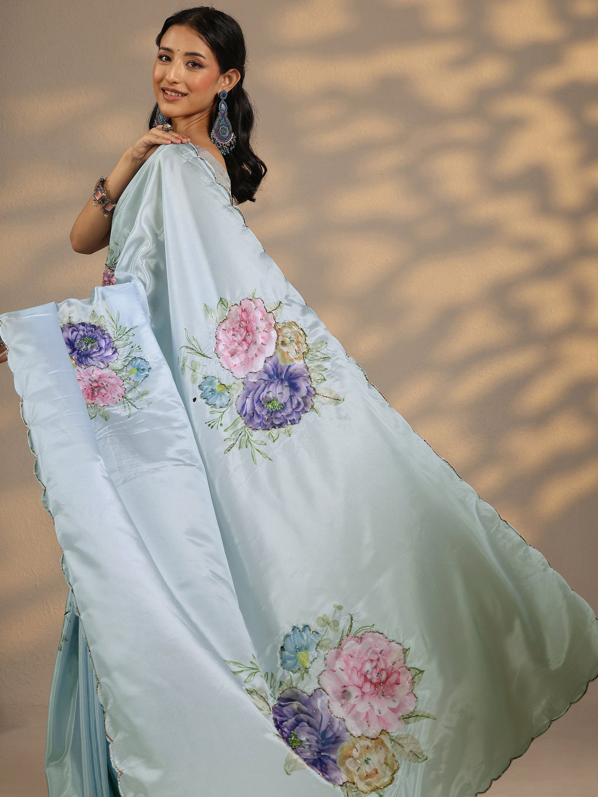 Anouk Blue Printed Silk Blend Saree With Unstitched Blouse Piece