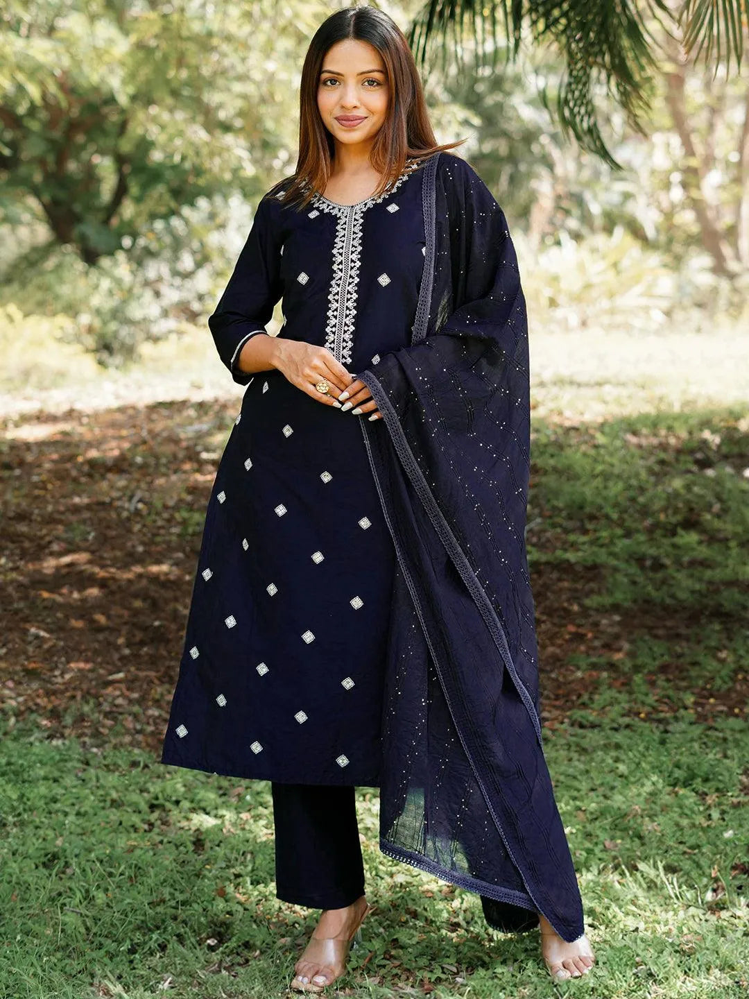 Anouk Blue Yoke Design Silk Blend Straight Suit With Dupatta