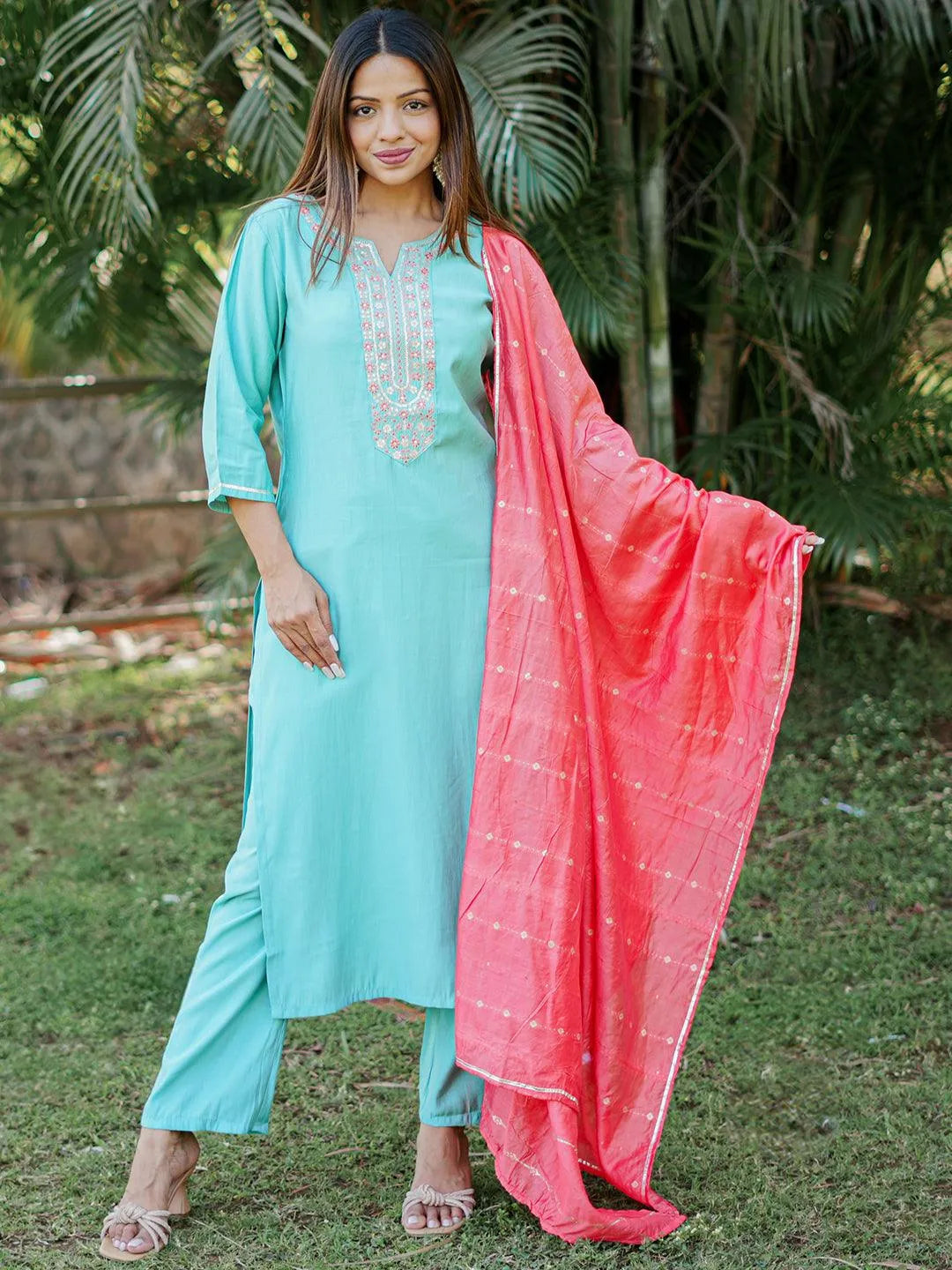 Anouk Blue Yoke Design Silk Blend Straight Suit With Dupatta