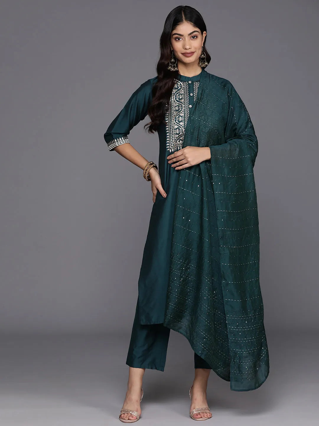 Anouk Blue Yoke Design Silk Blend Straight Suit With Dupatta