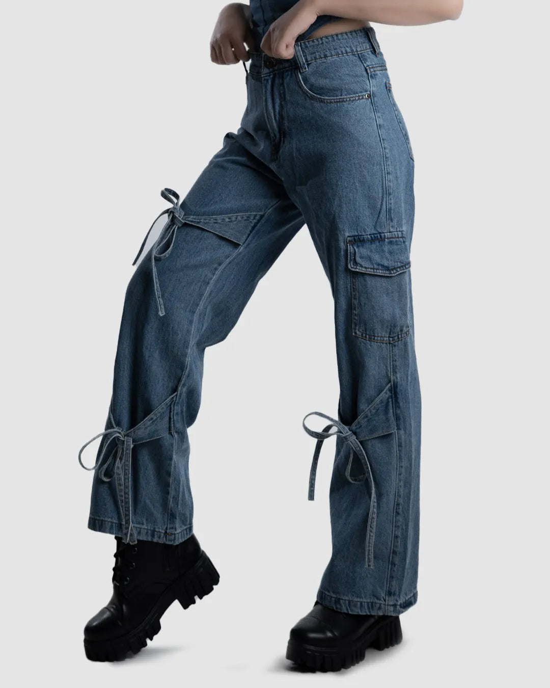 Blue High Waist Stylish Loose Cargo Jeans