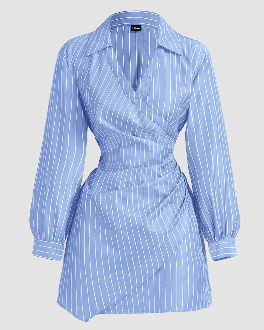 Blue Striped Wrap Front Collared Mini Dress