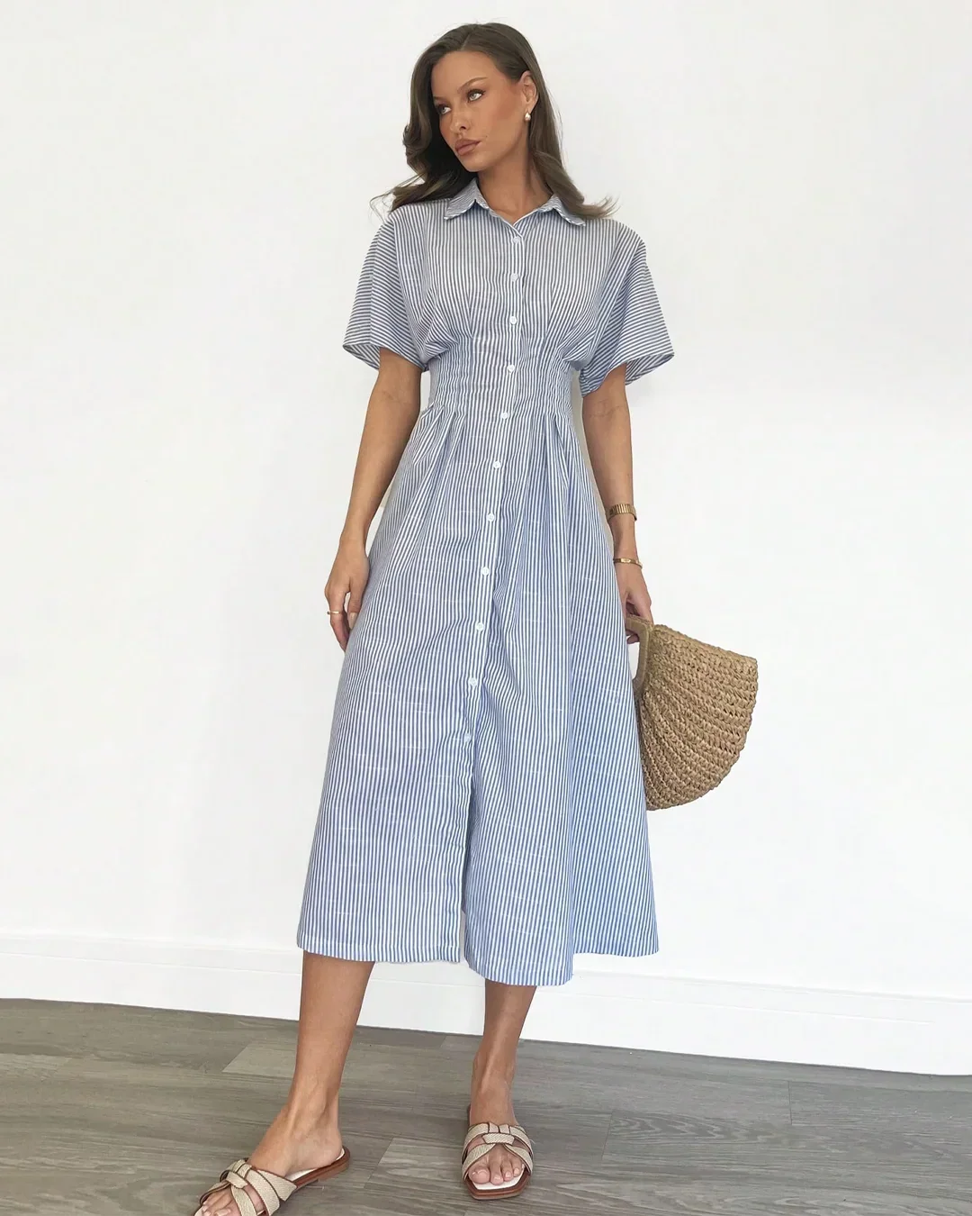 Blue and White Striped Shirt Midi Dress