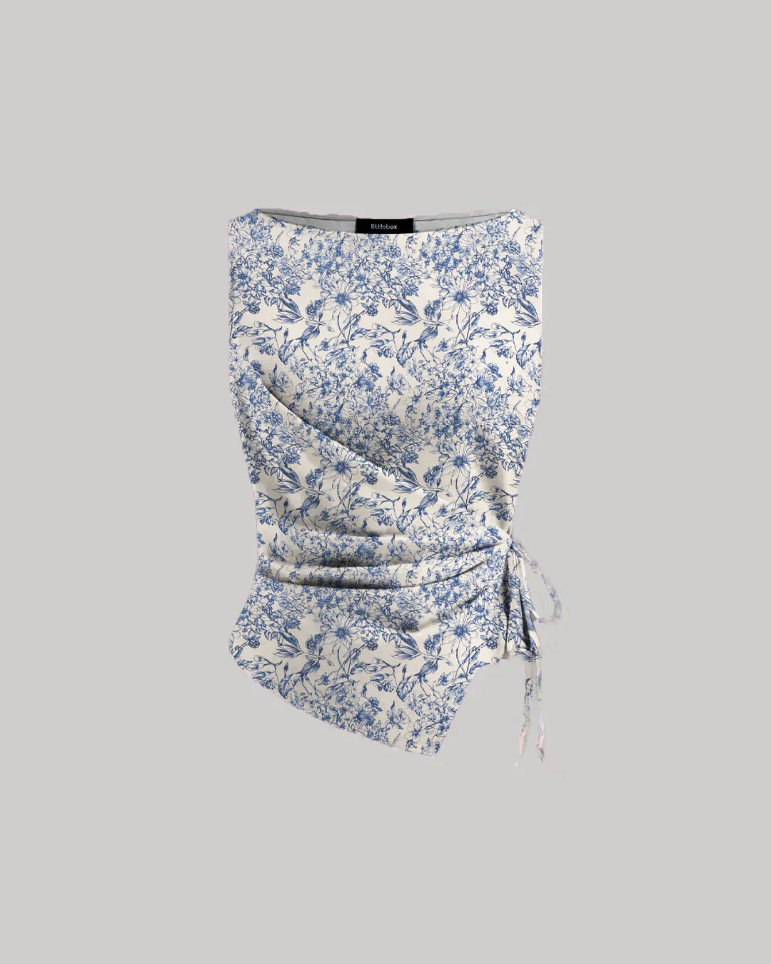 Boat Neck Asymmetrical Hem Floral Sleeveless Top in Blue And White