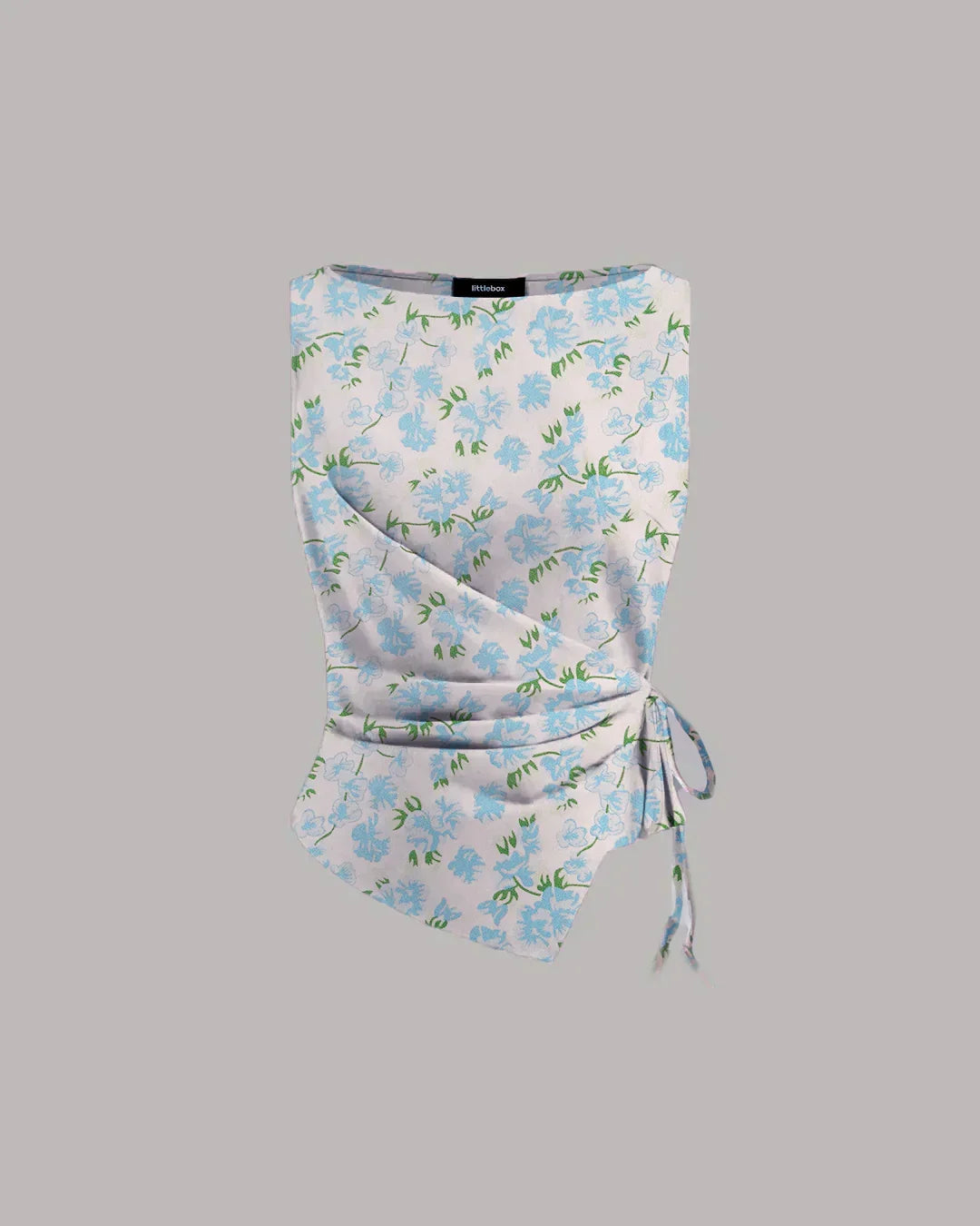 Boat Neck Asymmetrical Hem Floral Sleeveless Top in White and Blue