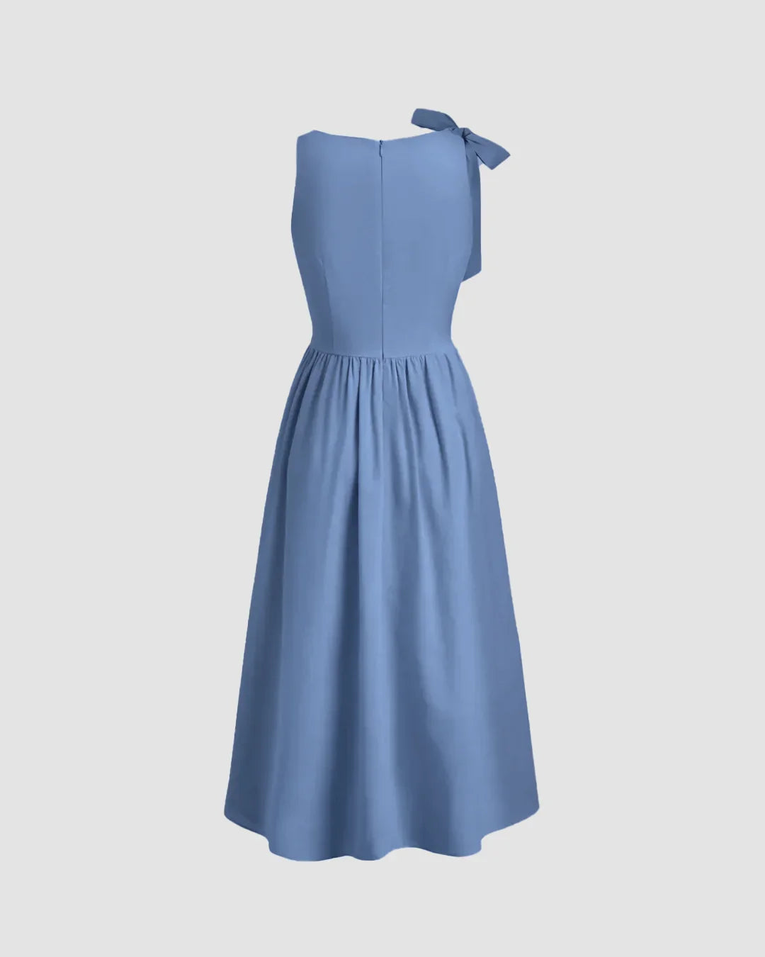 Boat Neck Bow Shoulder Fit and Flare Midi Dress in French Blue