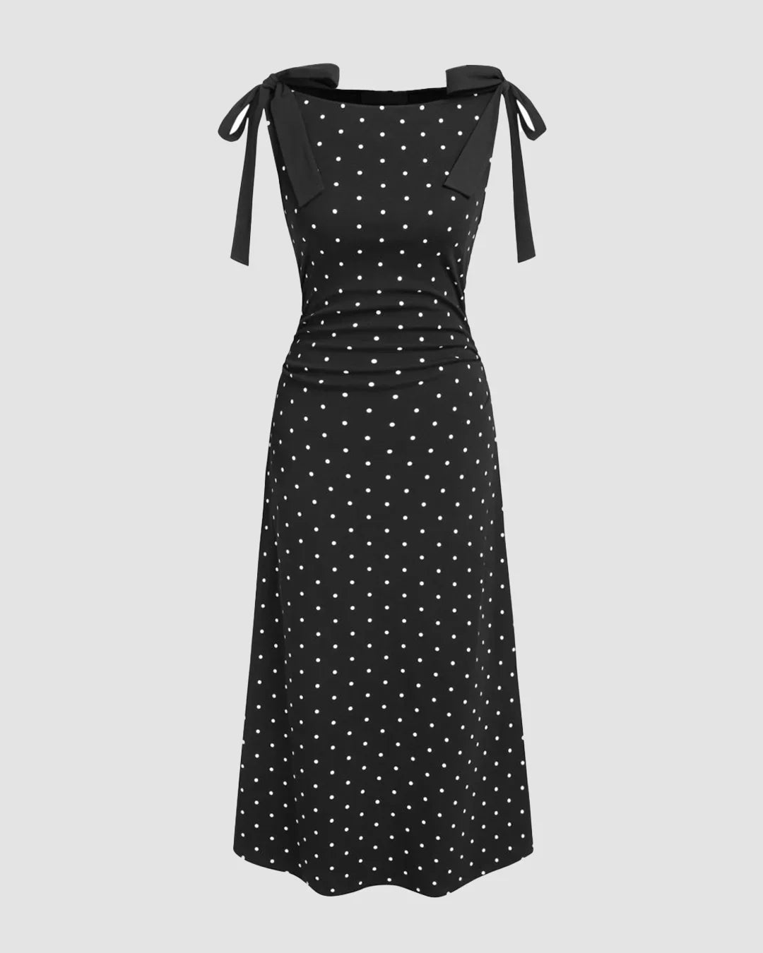 Boat Neck Polka Dot Bowknot Midi Dress
