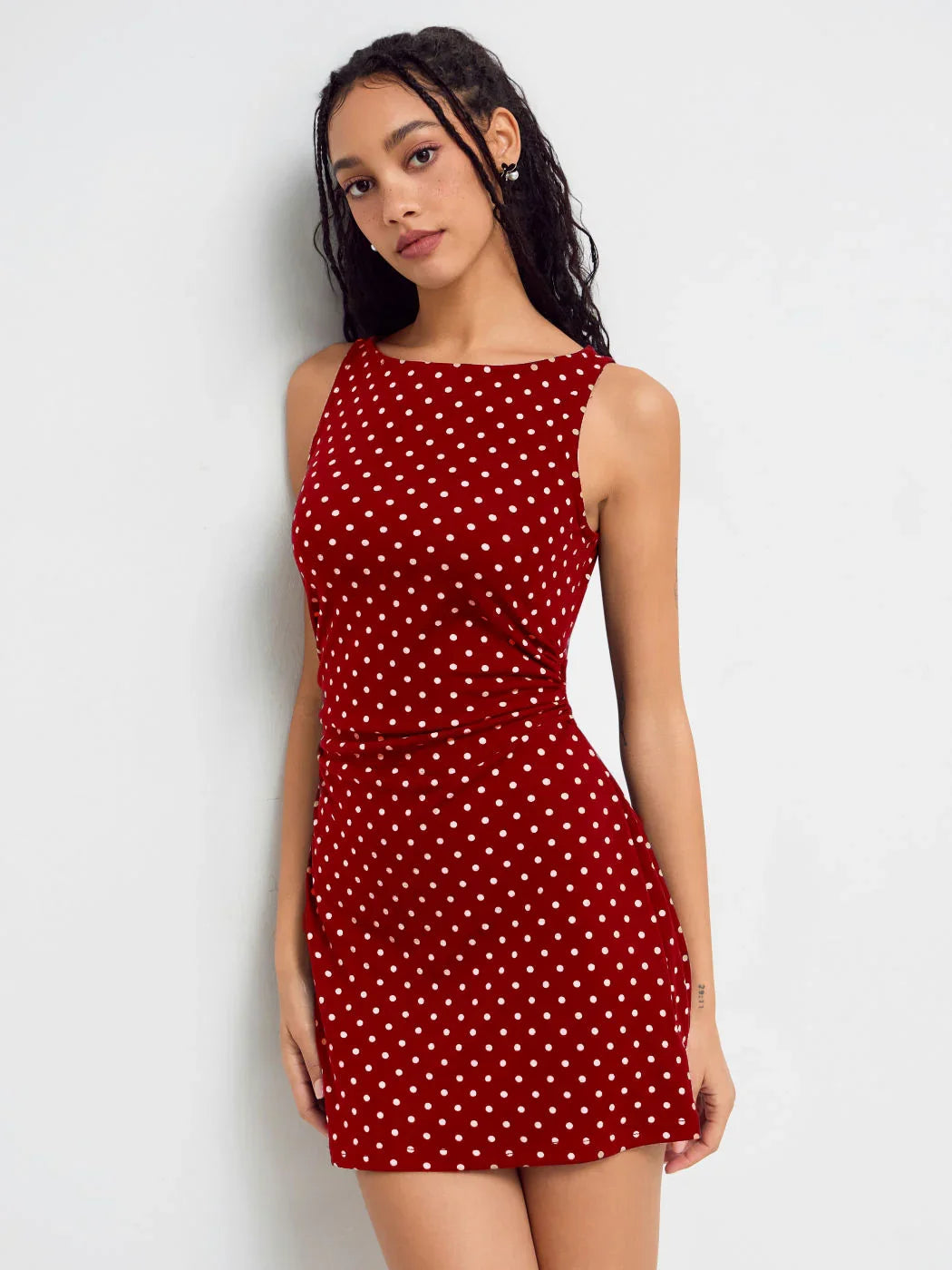 Boat Neck Polka Dot Ruched Mini Dress