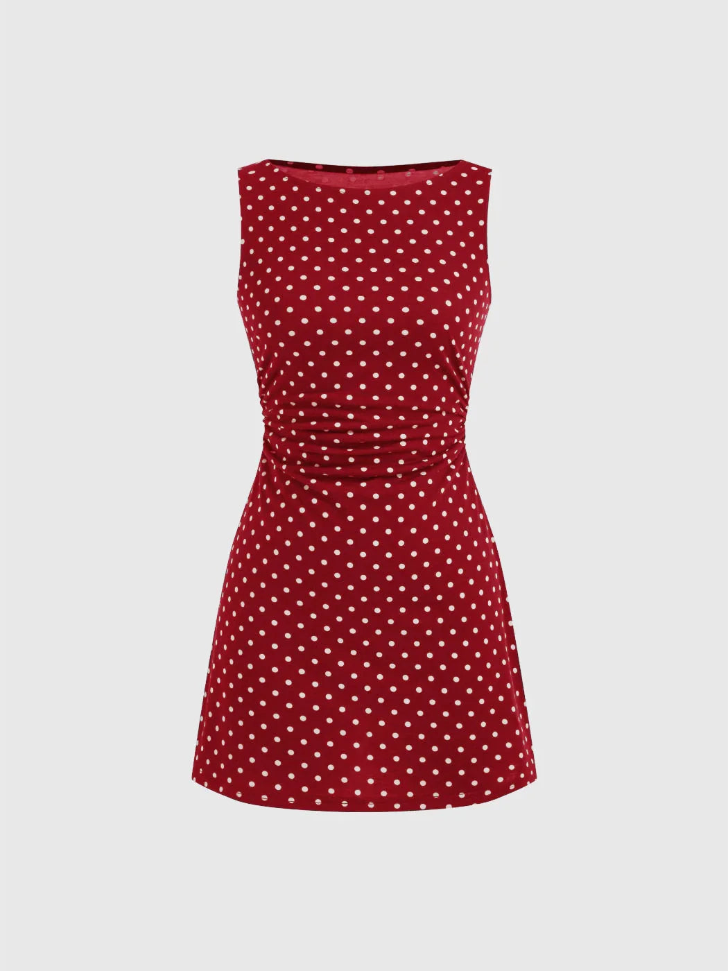 Boat Neck Polka Dot Ruched Mini Dress