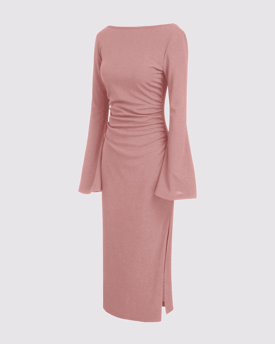 Boat Neck Ruched Bell Sleeve Maxi Dress In Pink