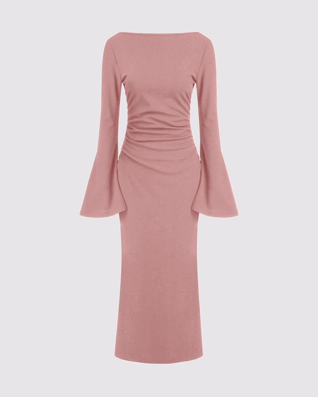 Boat Neck Ruched Bell Sleeve Maxi Dress In Pink