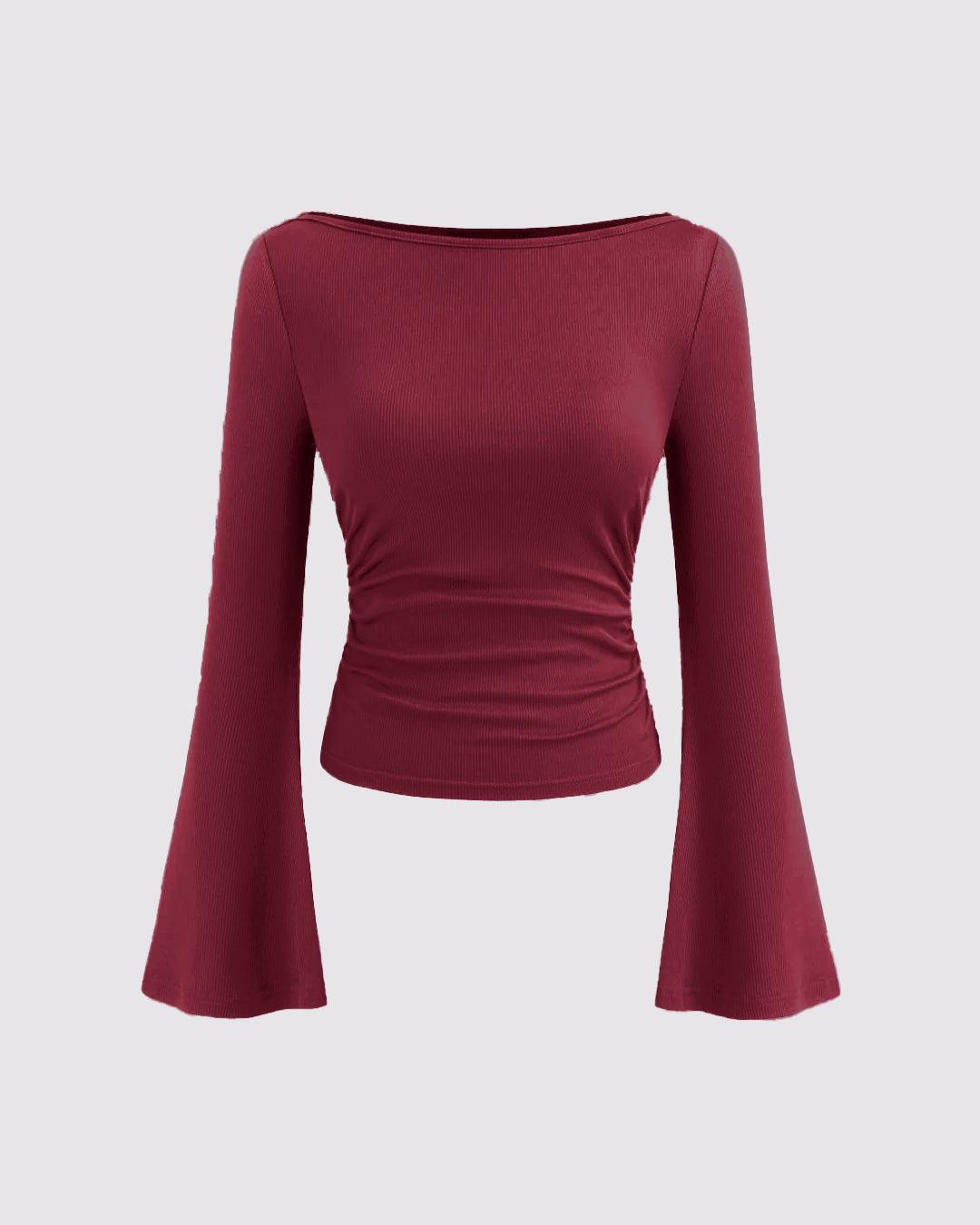 Boat Neck Ruched Flared Long Sleeve Solid Top in Red