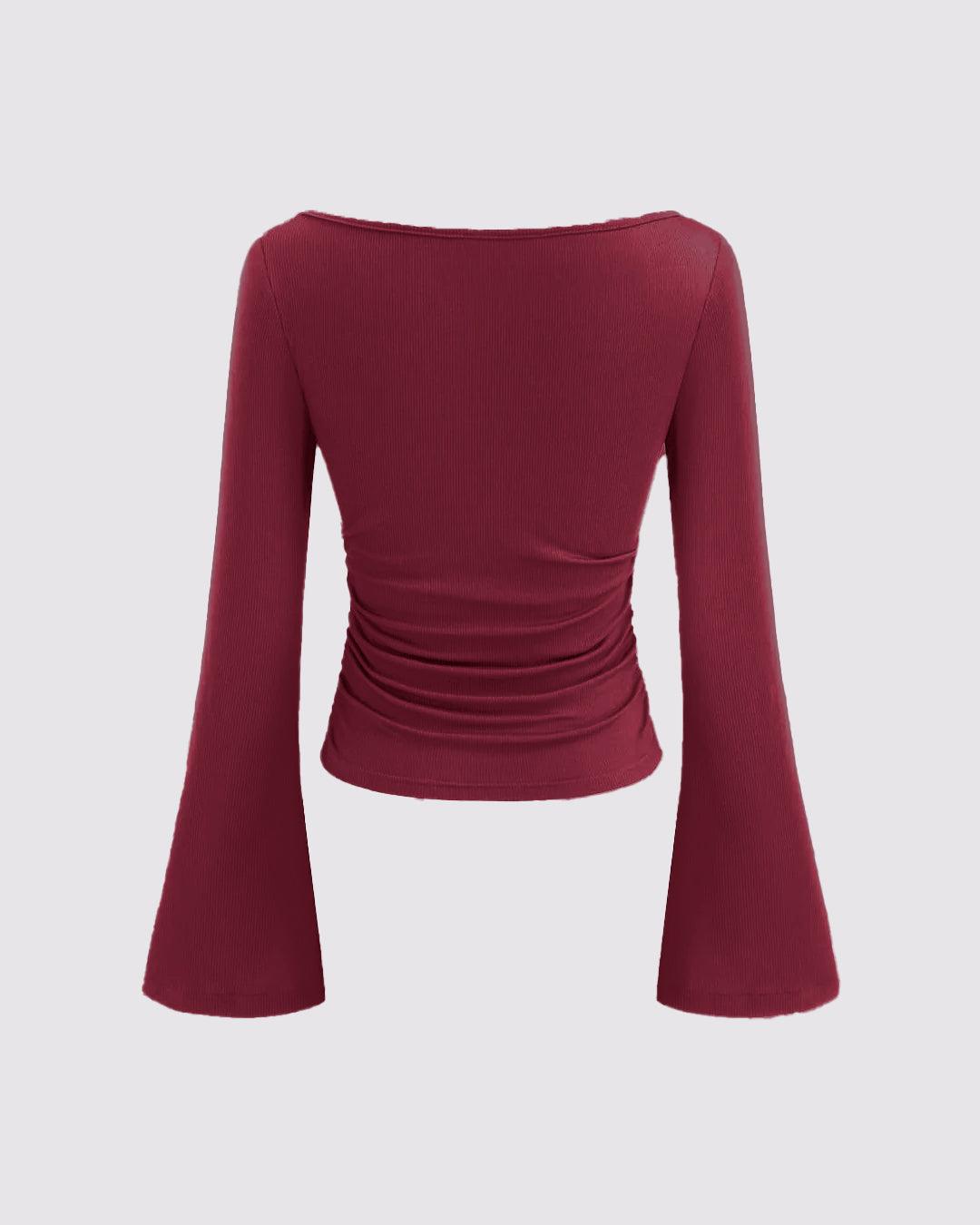 Boat Neck Ruched Flared Long Sleeve Solid Top in Red