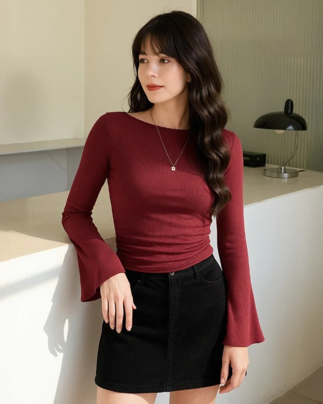 Boat Neck Ruched Flared Long Sleeve Solid Top in Red
