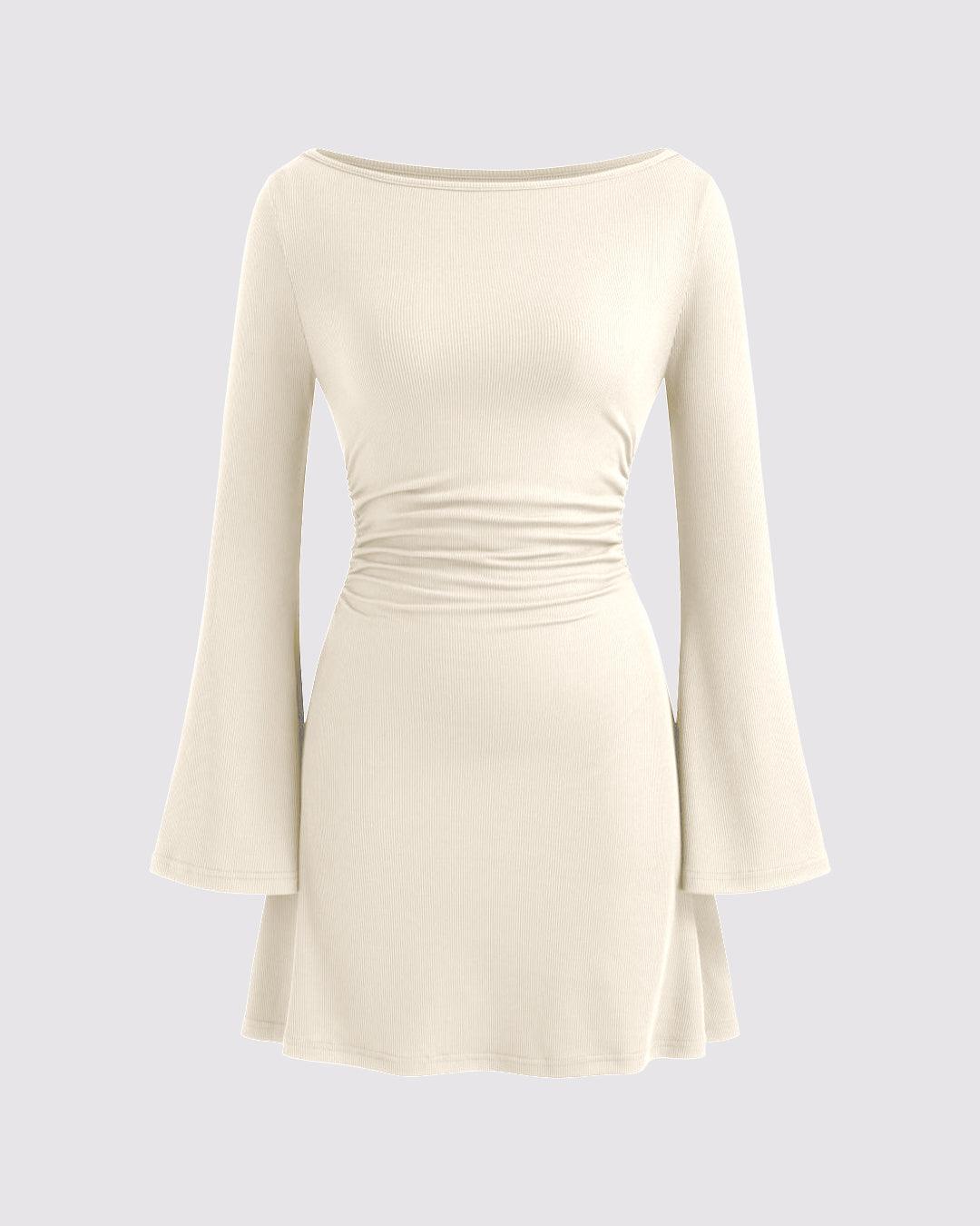 Boat Neck Ruched Mini Dress In Off-White