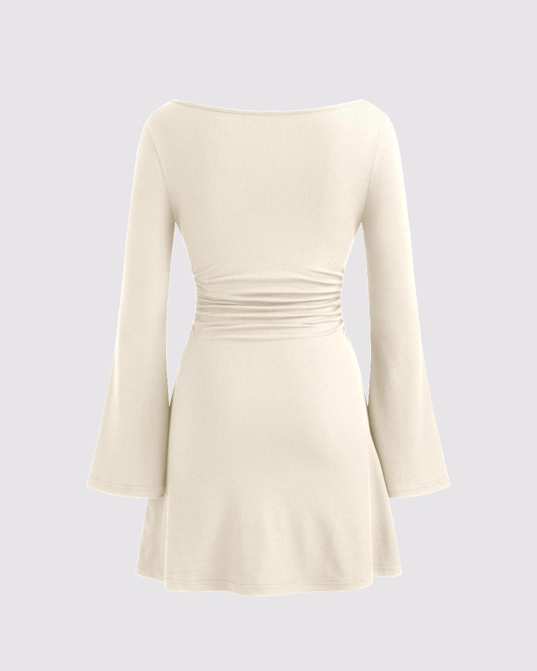 Boat Neck Ruched Mini Dress In Off-White