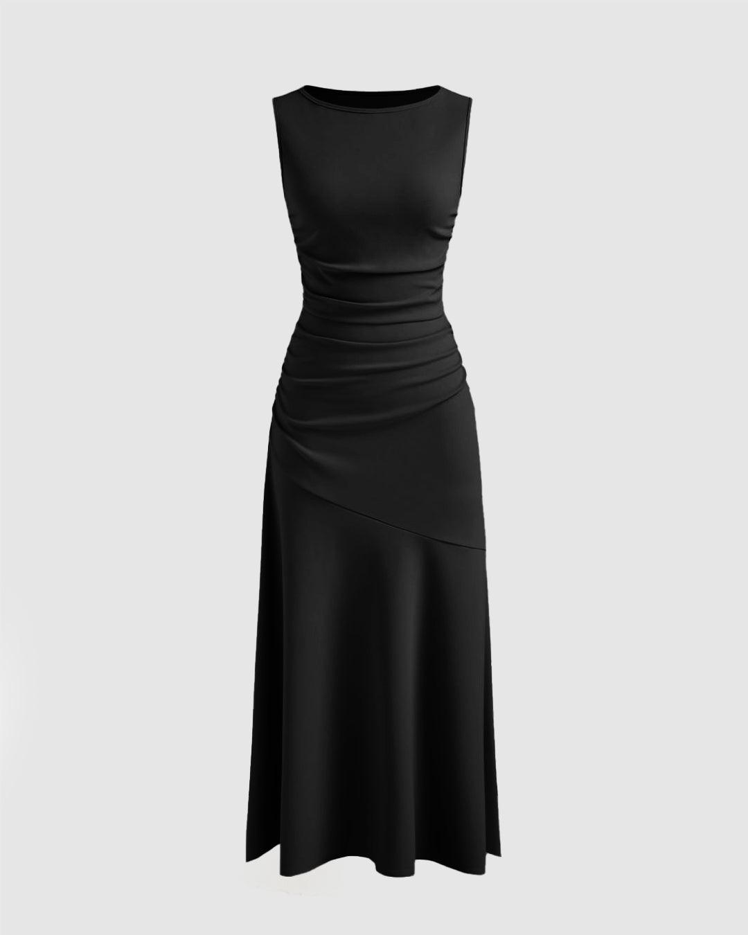 Boat Neck Solid Ruffle Ruched Black Maxi Dress