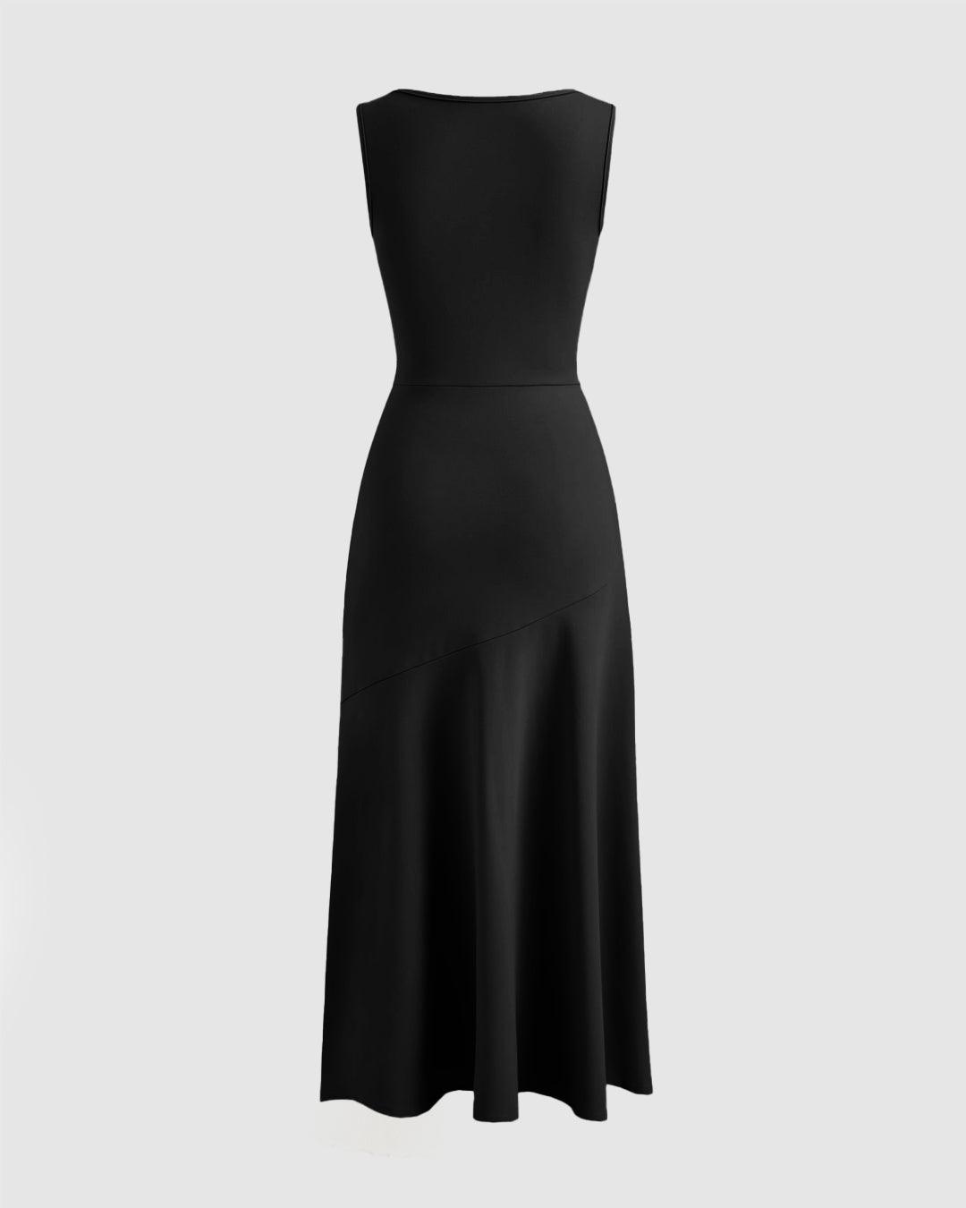 Boat Neck Solid Ruffle Ruched Black Maxi Dress