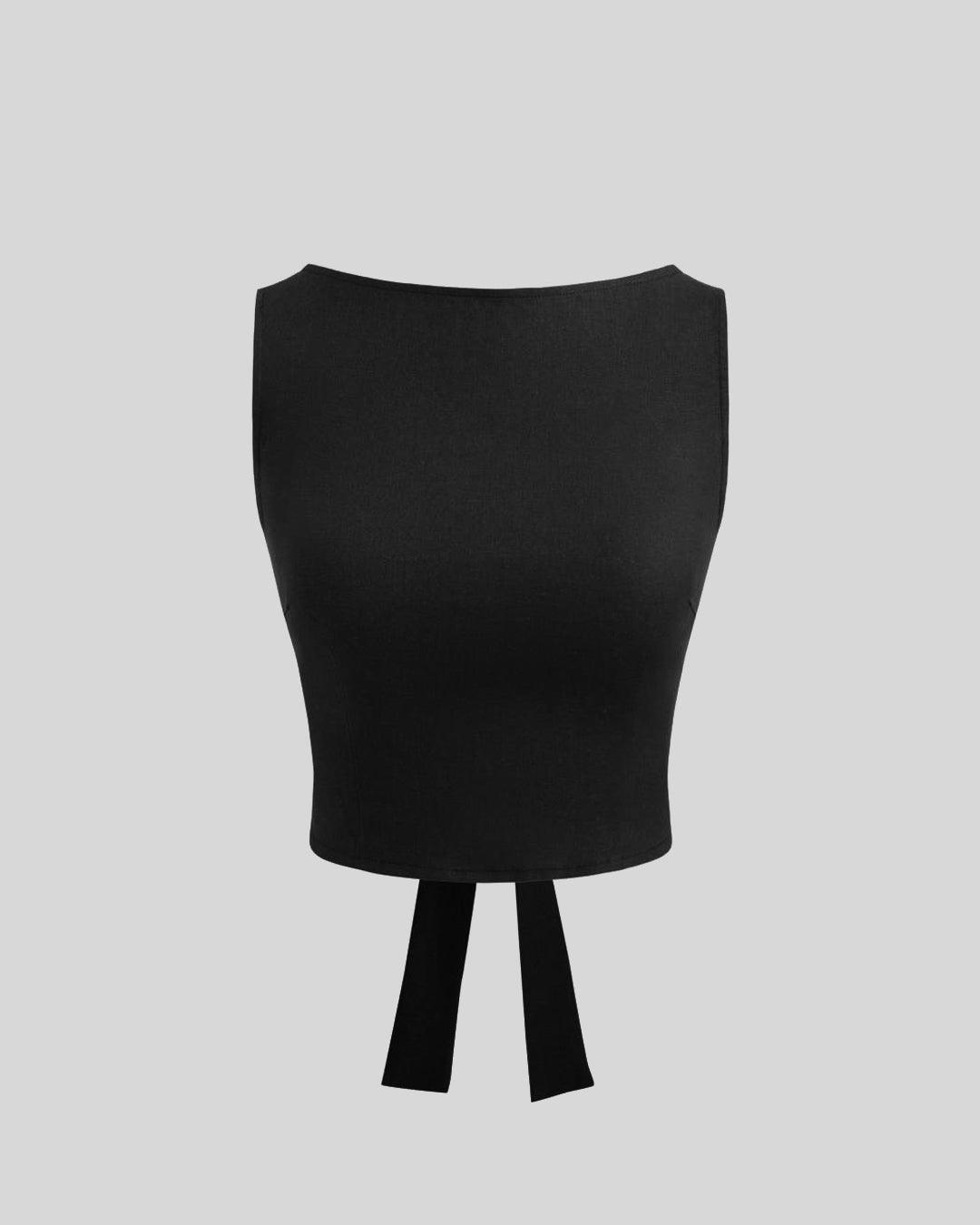 Boat Neckline Solid Knotted Crop Top With Low Rise Solid Mini Skirt In Black