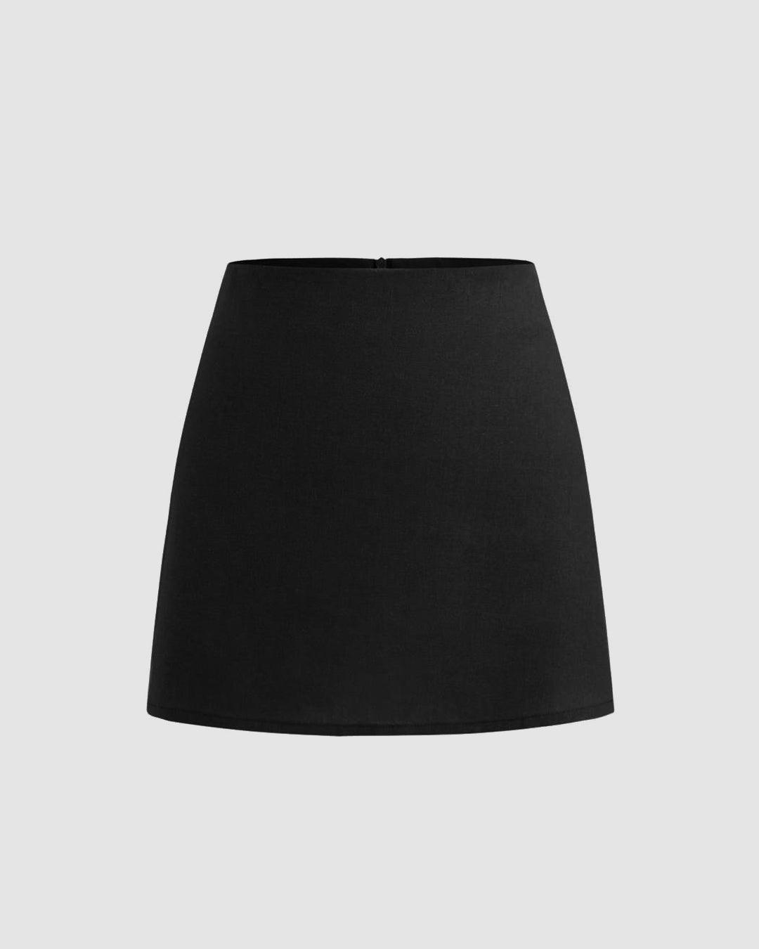 Boat Neckline Solid Knotted Crop Top With Low Rise Solid Mini Skirt In Black