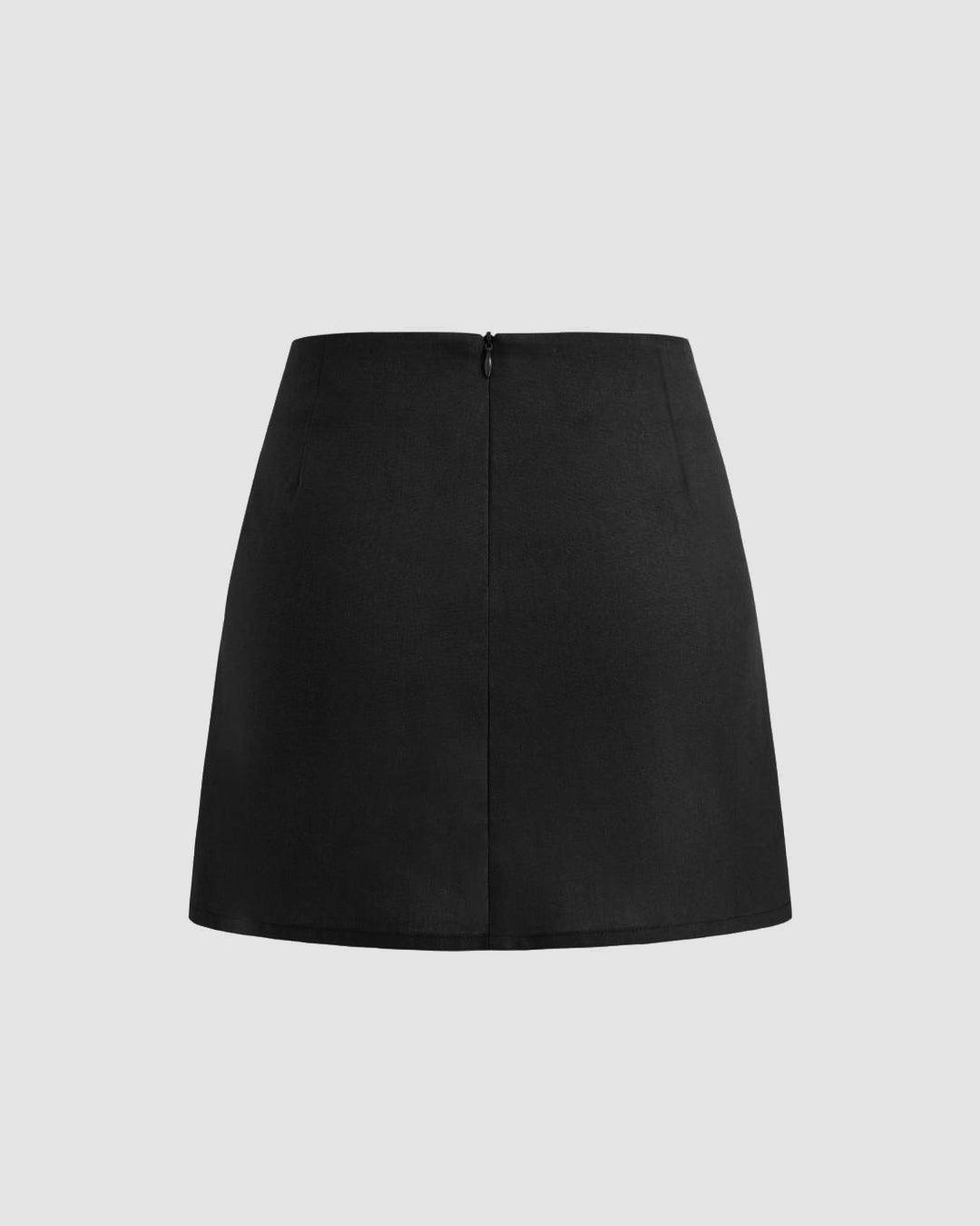 Boat Neckline Solid Knotted Crop Top With Low Rise Solid Mini Skirt In Black