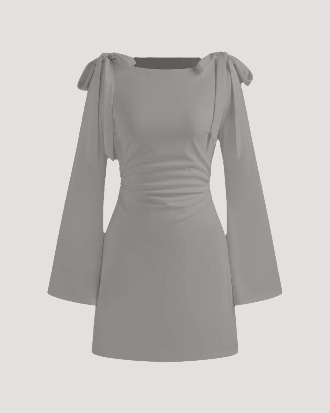 Boat Neckline Solid Ruched Bowknot Mini Dress