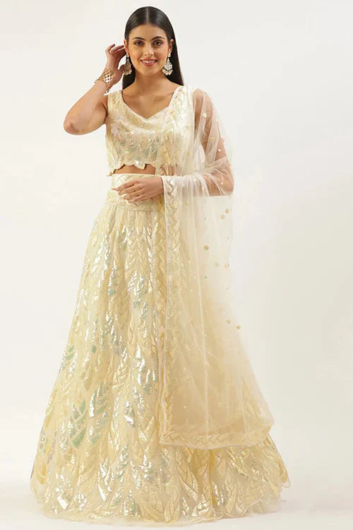 Yellow Soft Net Lehenga Choli with Thread Embroidery