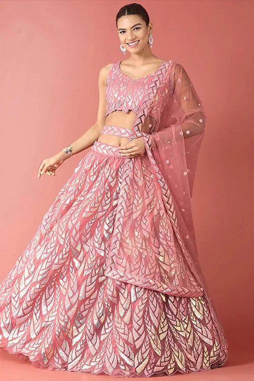 Elegant Pink Bollywood Lehenga Choli with Sequins Embroidery