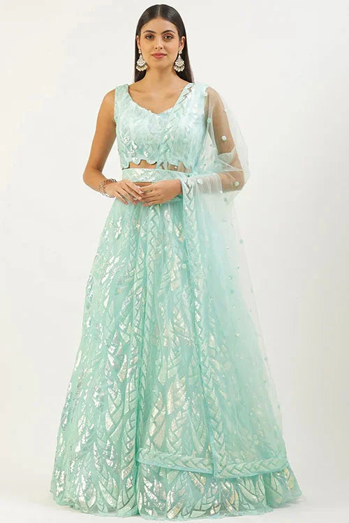 Bollywood Style Blue Lehenga Choli with Thread Embroidery