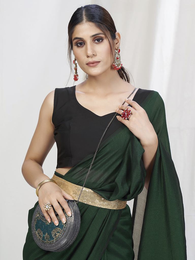 Bottle Green Ready to Wear One Minute Lycra Saree