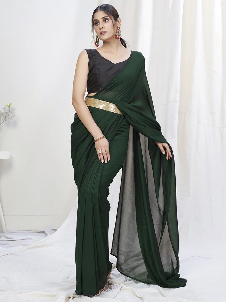 Bottle Green Ready to Wear One Minute Lycra Saree