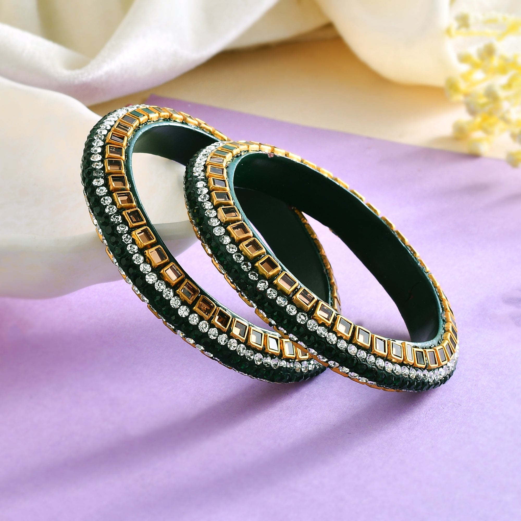 Sukriti Kundan Bottle-Green Lac Bangle - Set of 2