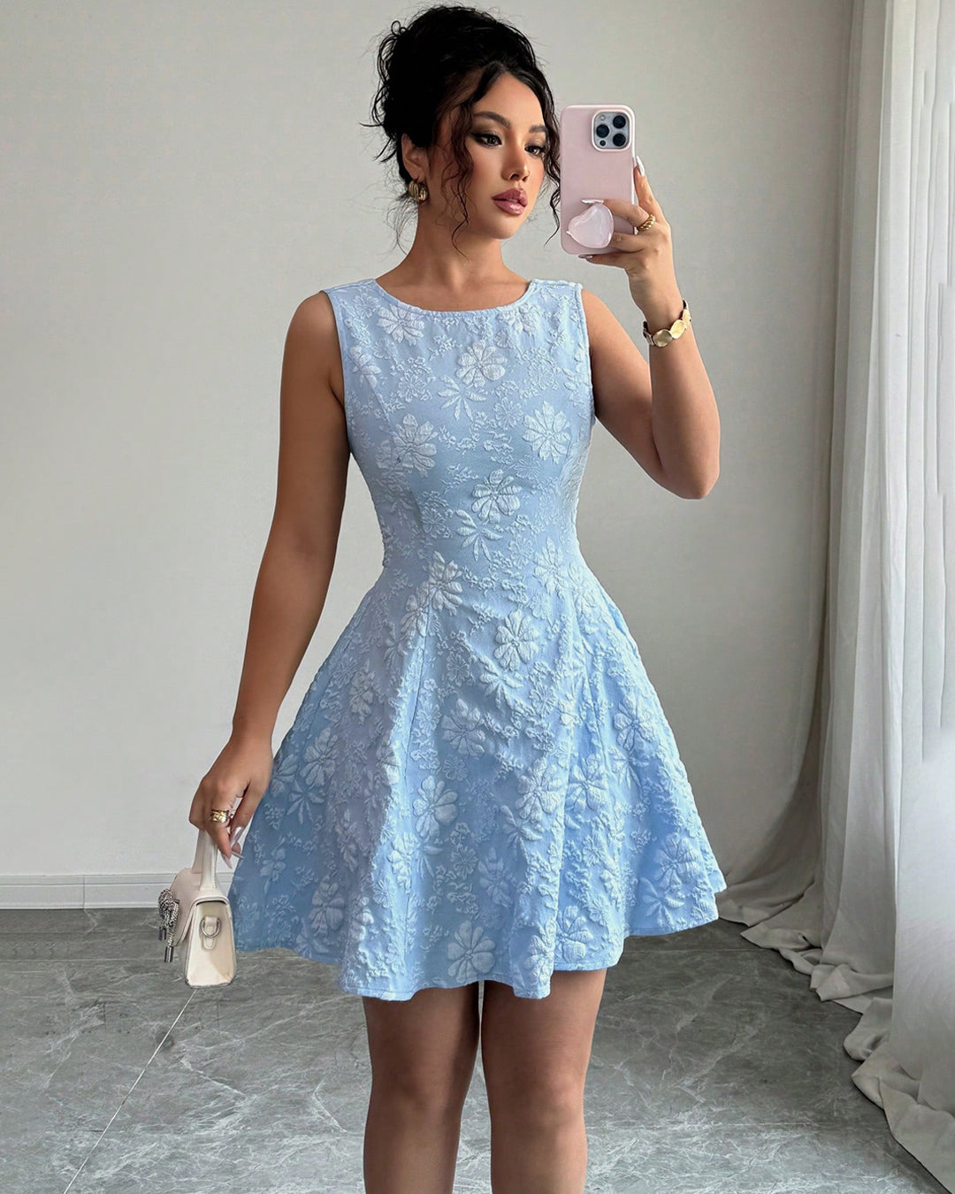 Bow Back Sleeveless Fit And Flare Floral Dress In Baby Blue