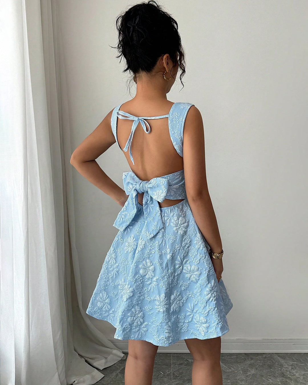 Bow Back Sleeveless Fit And Flare Floral Dress In Baby Blue