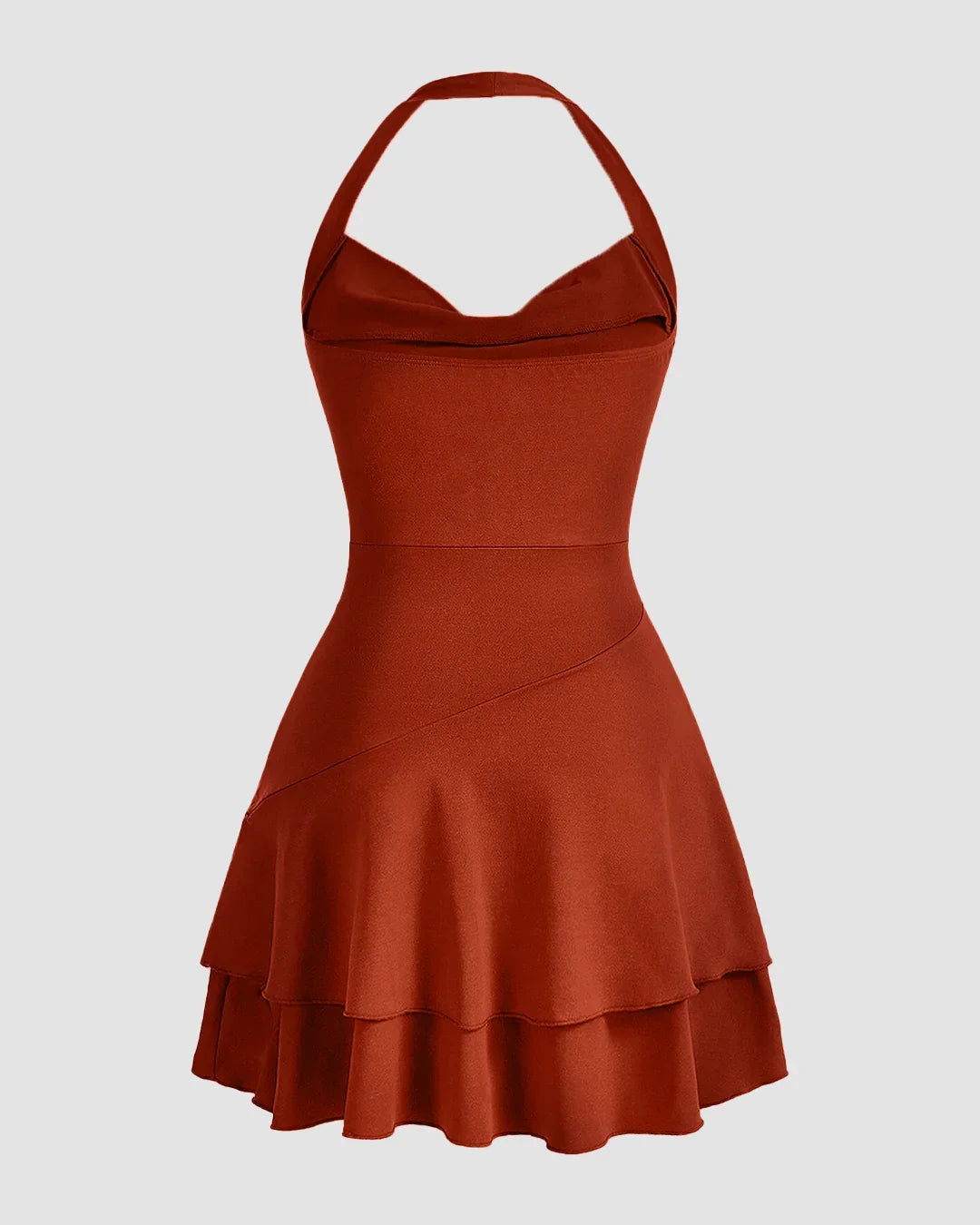 Brick Halter Neck Ruched Skater Dress