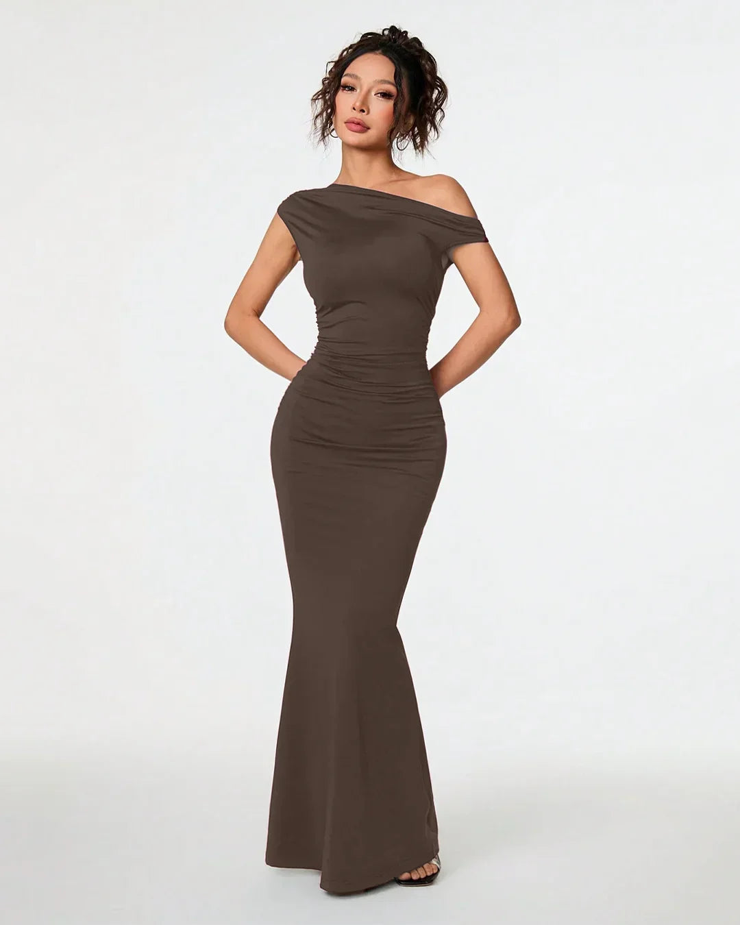 Brown Asymmetrical Neck Bodycon Maxi Dress