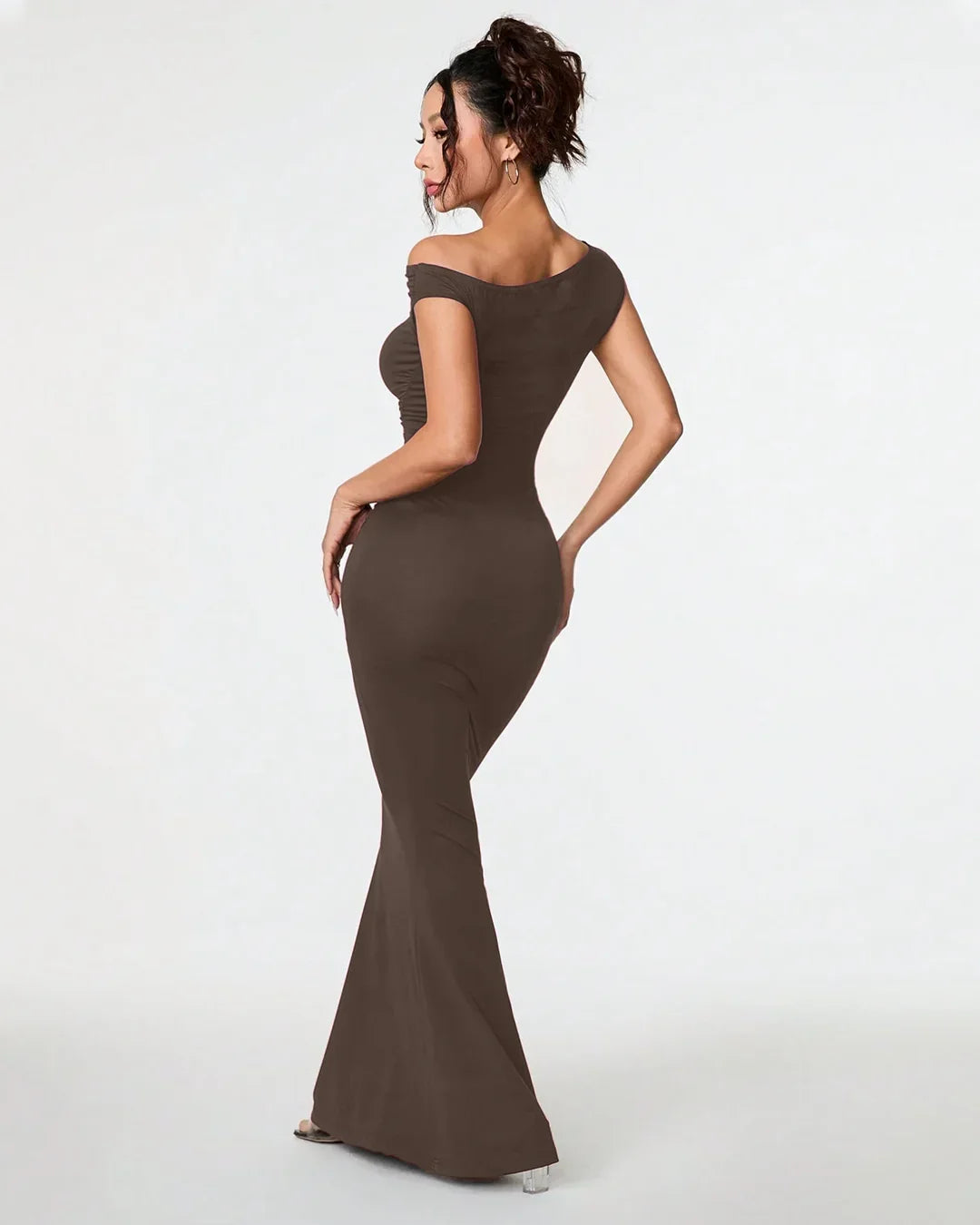 Brown Asymmetrical Neck Bodycon Maxi Dress