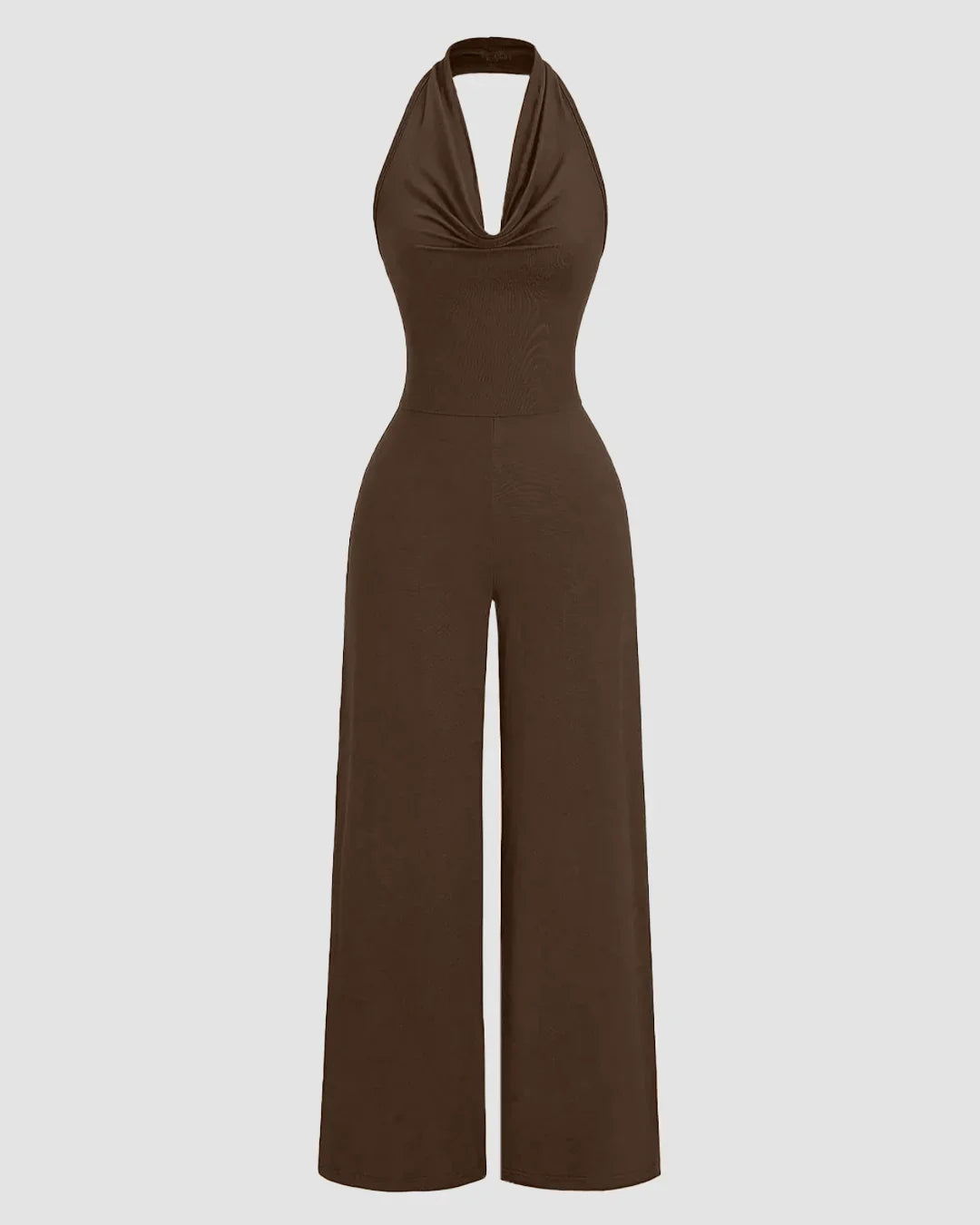 Brown Halter Cowl Neck Wide Leg Jumpsuit