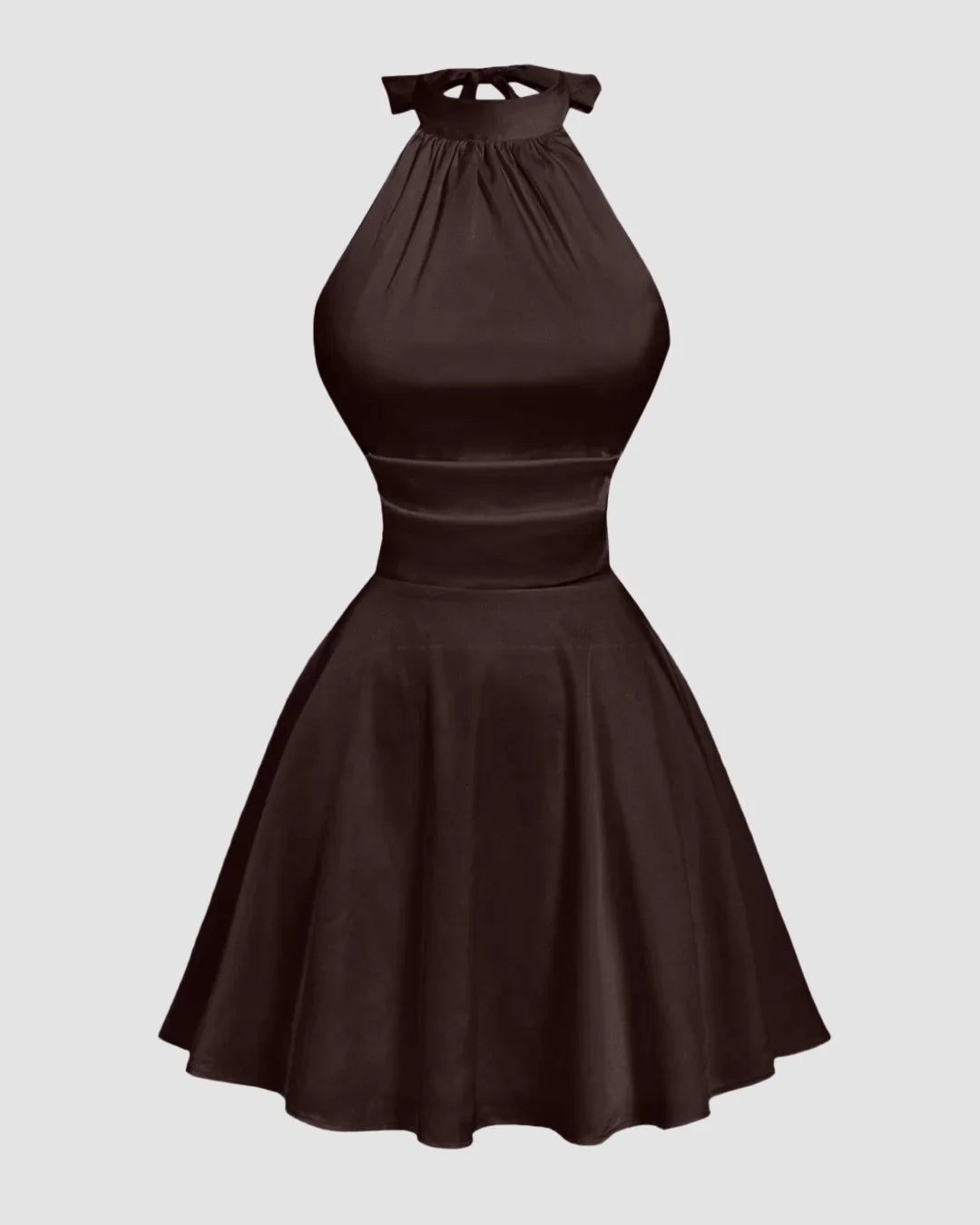 Brown Halter Neck Backless Ruched Mini Dress