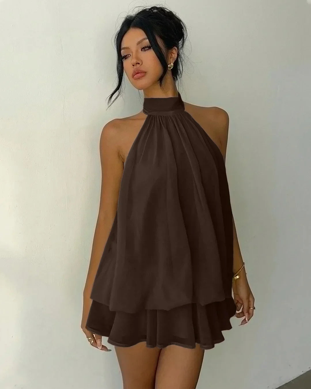 Brown Halter Tie Neck Layered Mini Dress
