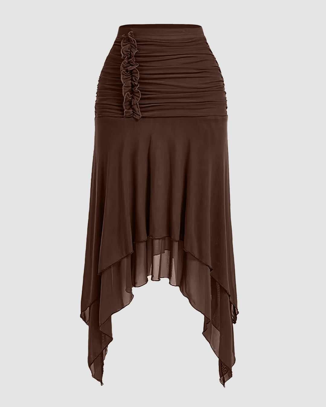 Brown High-Waisted Ruched Tiered Asymmetrical Hem Skirt