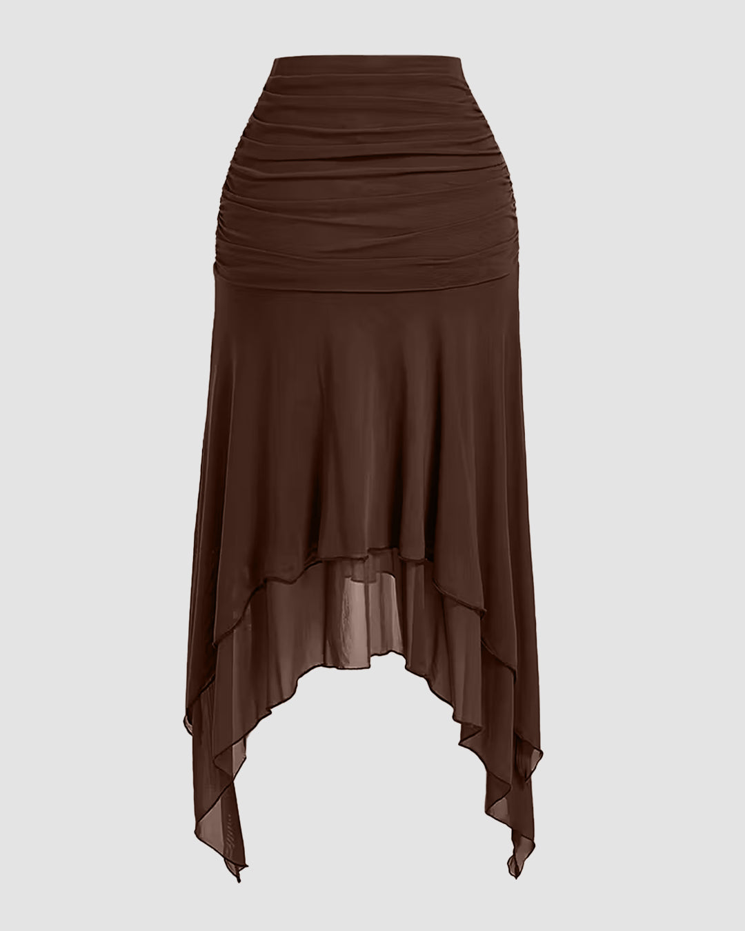 Brown High-Waisted Ruched Tiered Asymmetrical Hem Skirt