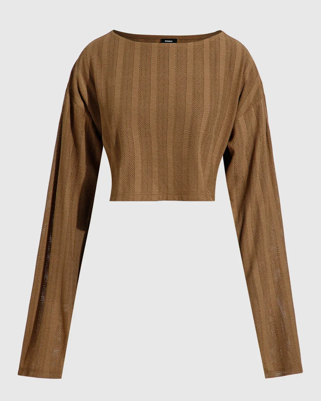 Brown Ribbed Full Sleeve Cropped Top