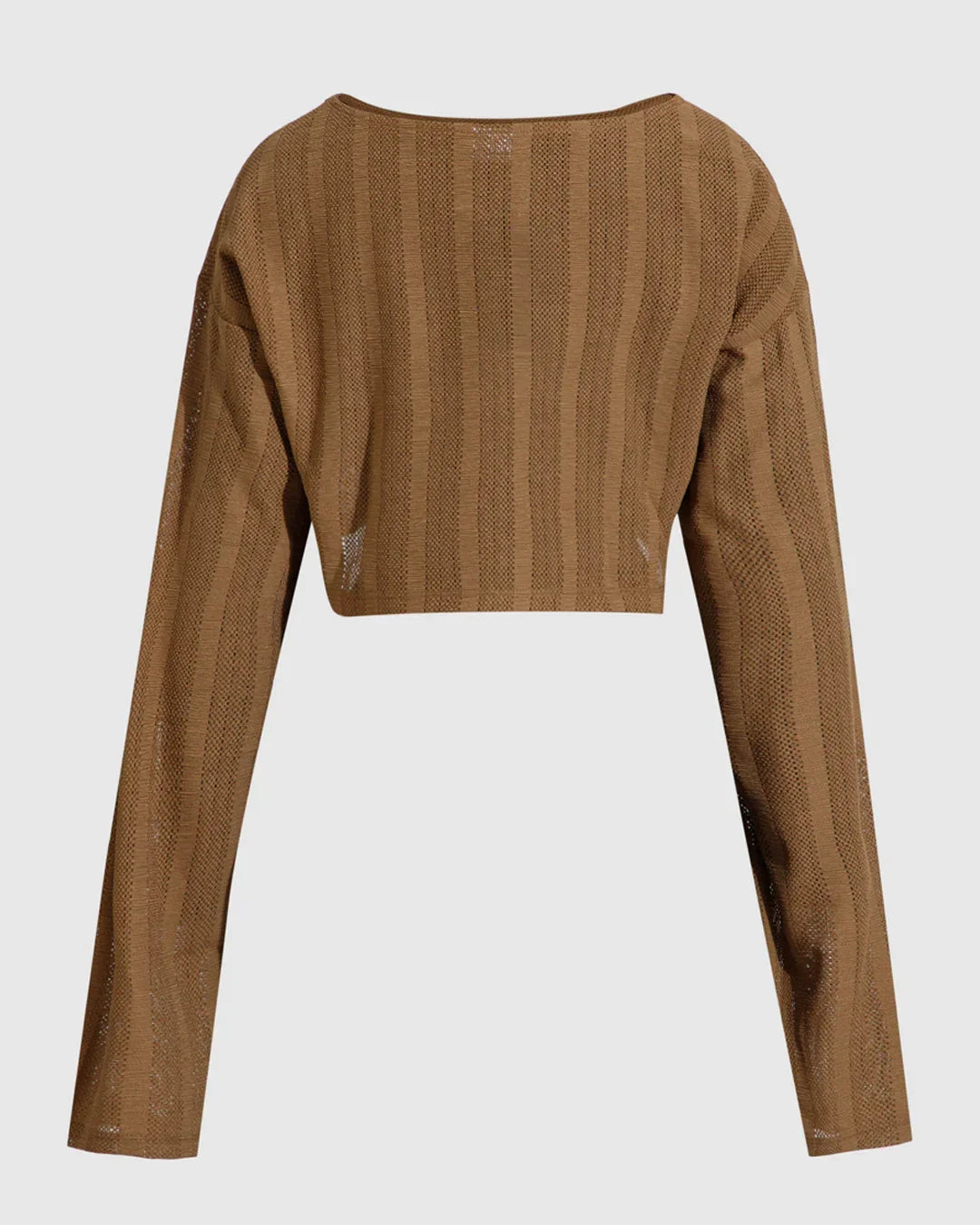 Brown Ribbed Full Sleeve Cropped Top