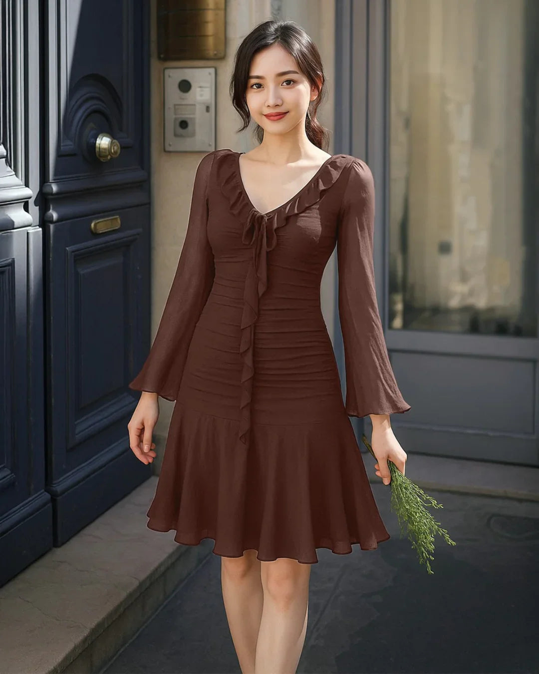 Brown Ruffle Hem Mini Dress with Long Sleeves