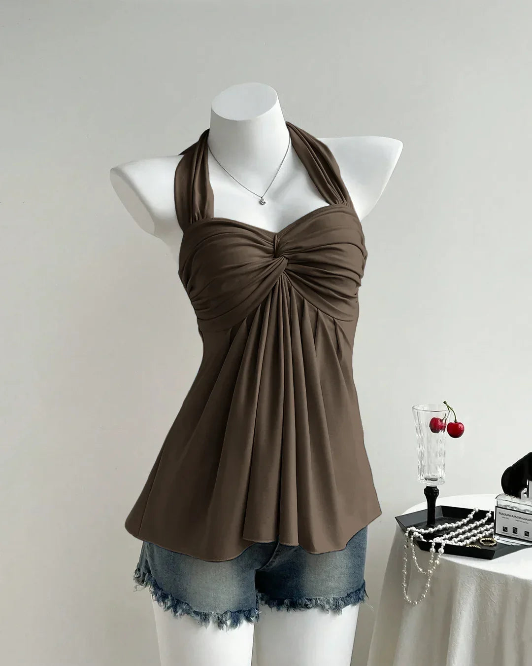 Brown Twist Front Draped Halter Top