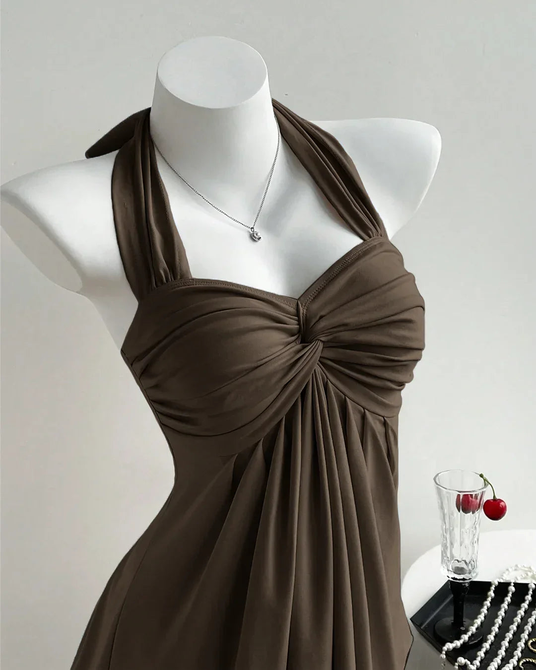 Brown Twist Front Draped Halter Top