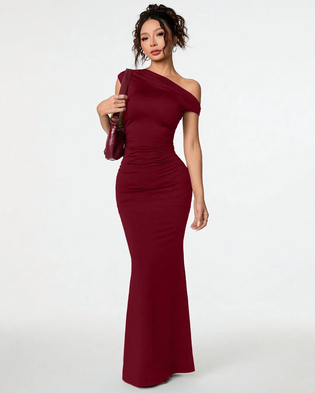 Burgundy Asymmetrical Neck Bodycon Maxi Dress